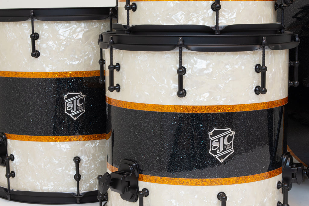 SJC Custom Drums 'Rule Of Thirds' 4 Piece Shell Pack - Aged White Pearl & Black/Gold Glitter stripes