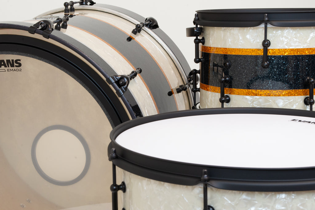 SJC Custom Drums 'Rule Of Thirds' 4 Piece Shell Pack - Aged White Pearl & Black/Gold Glitter stripes