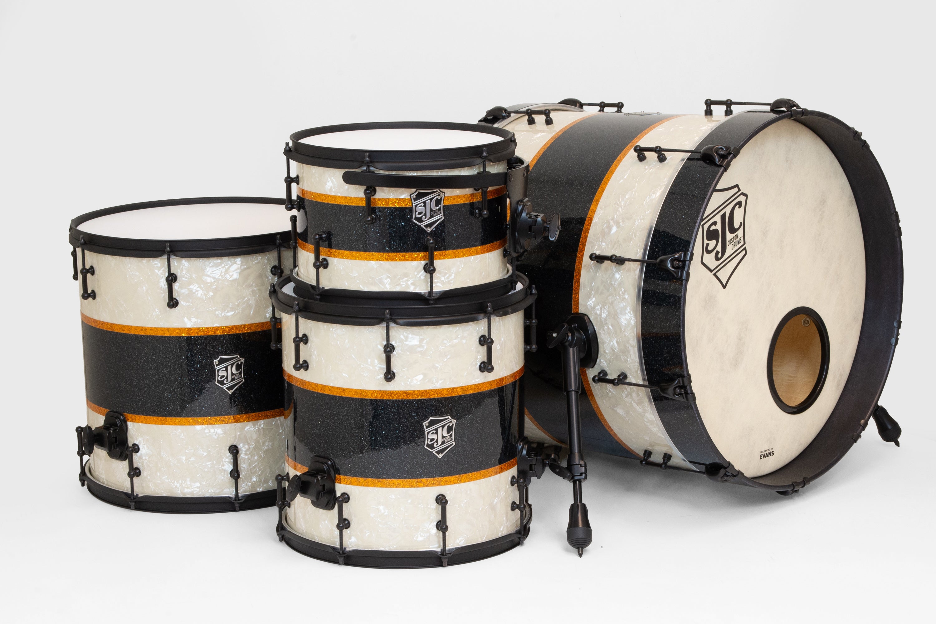 SJC Custom Drums 'Rule Of Thirds' 4 Piece Shell Pack - Aged White Pearl & Black/Gold Glitter stripes